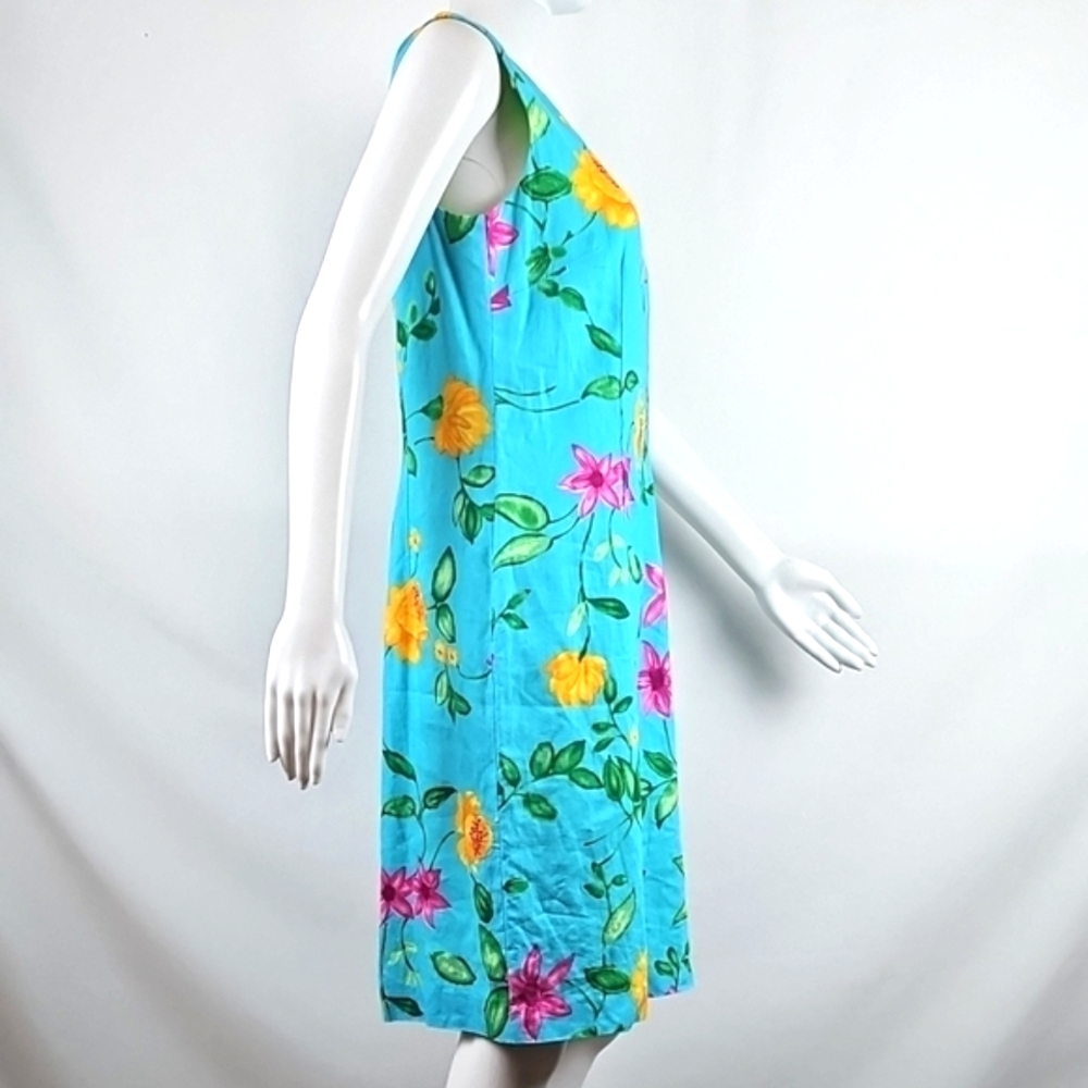 Talbots 100% Linen Bright Aqua Pink Yellow Floral Print Sleeveless Sheath Dress - Picture 9 of 16
